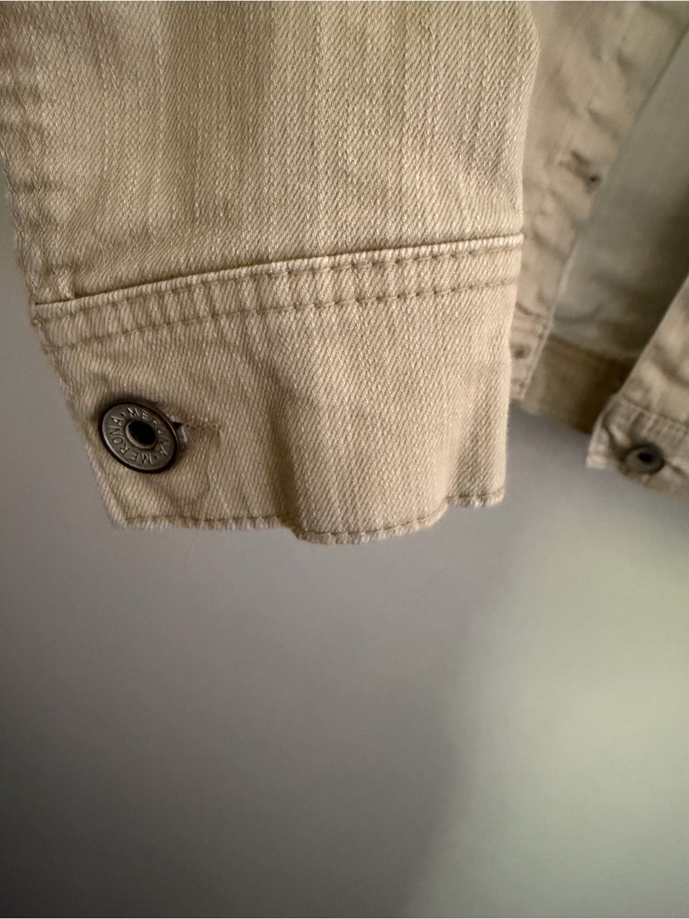 Merona | Large | UpCycled “Bird & Blossom” Boutique Beige Mushroom Denim Jacket - Picture 11 of 11